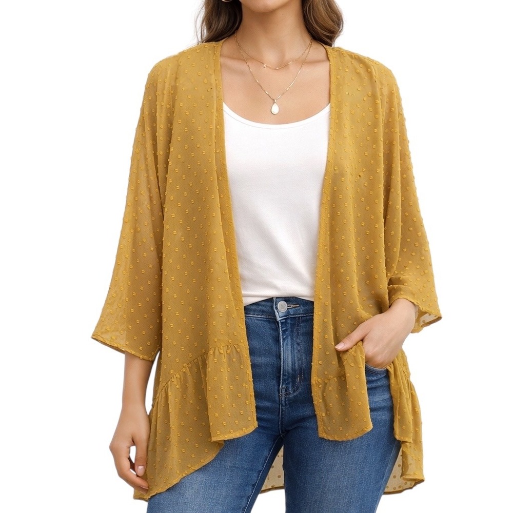 Maurices Womens XS Mustard Yellow Swiss Dot Kimono Ruffle Hem Cardigan Sheer